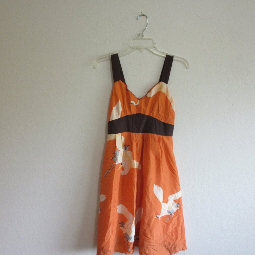 MOULINETTE SOEURS Orange Swans Silk Sweetheart Neck 4 Sleeveless Dress